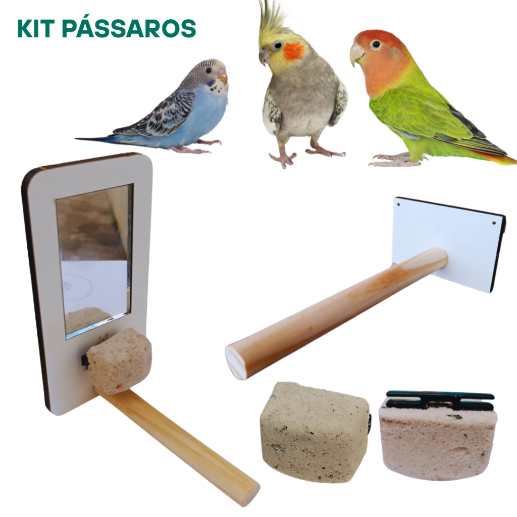 Kit Espelho com Poleiro + 2 Pedras de Cálcio | Brinquedo 3 em 1 p/ Calopsita e Periquito Agapornis em Oferta na Shopee