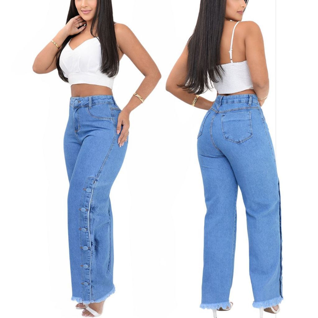 Calça Wide Leg Jeans Feminina Marmorizada Cintura Alta 100% Algodão Premium botoes lateral.