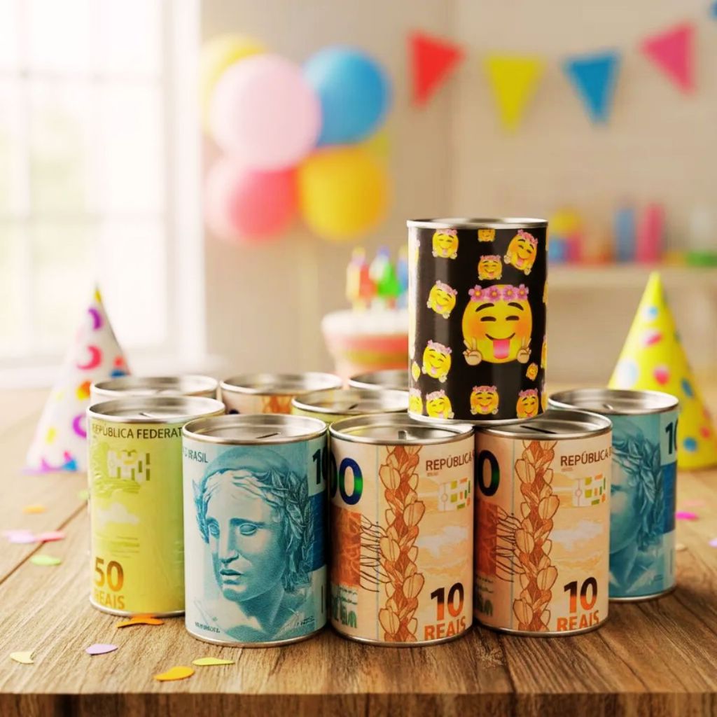 Kit 10 Cofrinho Lata Temas Diversos Cofre Guardar Moeda Lembrancinha Estampas Sortidas