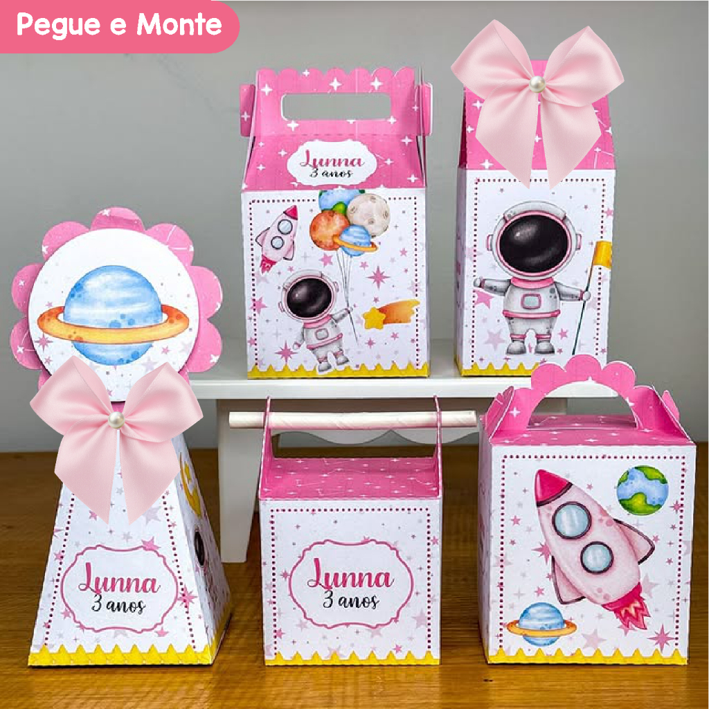 Kit Festa Astronauta Menina | Personalizados | Lembrancinhas | Caixinhas para Festa | (Pegue e Monte)