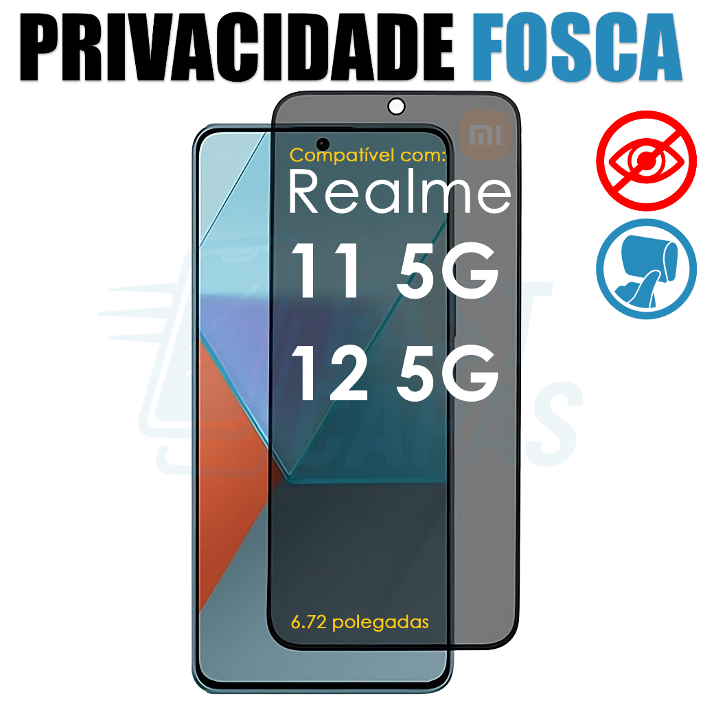 Película Privacidade Fosca Cerâmica Xiaomi Realme 11 12 5G Anti Espião 9D Anti Reflexo Privativa