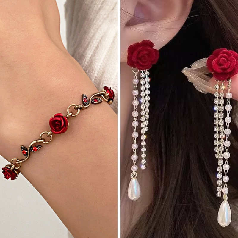 Brinco E Pulseira Rosa Vermelha Pérolas Strass Flor Bijuteria Feminina Romântica Festa Presente