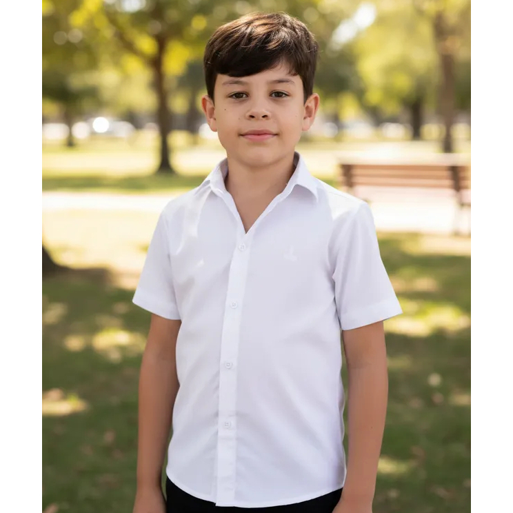 Camisa Social Branca Lisa Masculina Manga Curta Infantil Juvenil Batizado Crisma Eucaristia Alfa 179