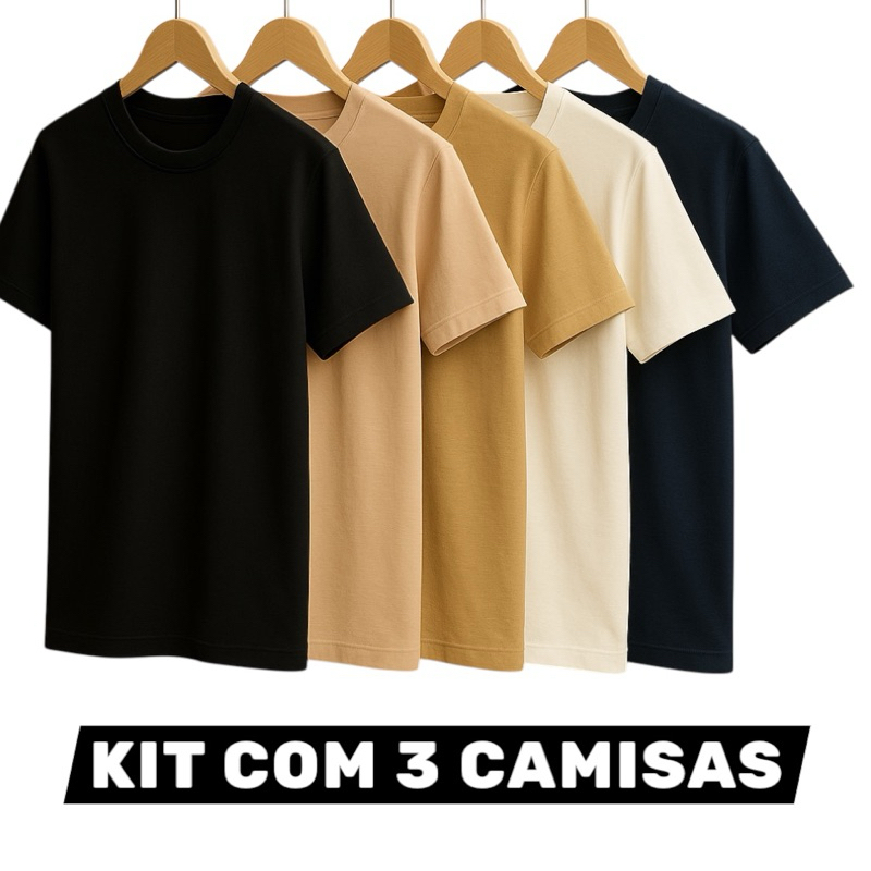 Kit com 3 Camisas Masculinas Básica Lisa 100% Algodão em Oferta na Shopee