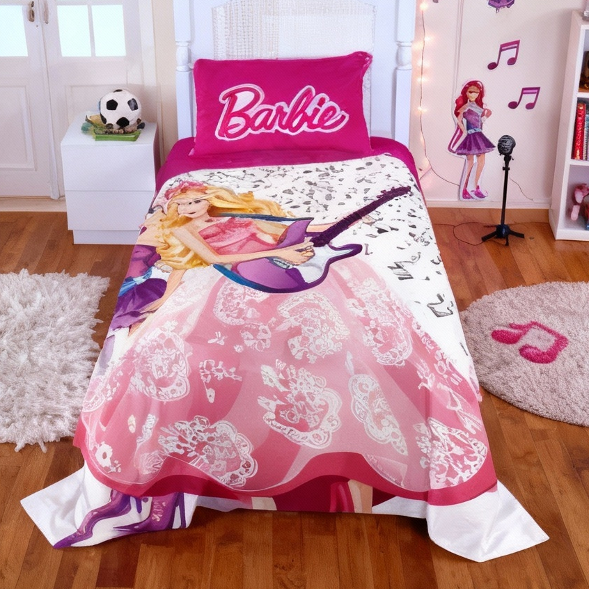 Lençol Cobre Leito Solteiro + Fronha Barbie | Jogo de Cama Infantil Feminino Rosa Fashion LCS 28