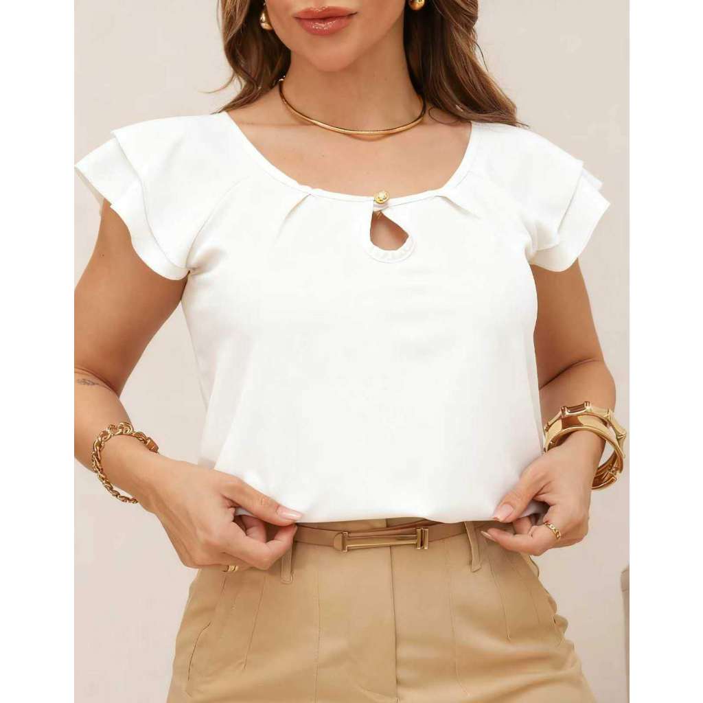 blusa 2 manga babado com botao moda feminina