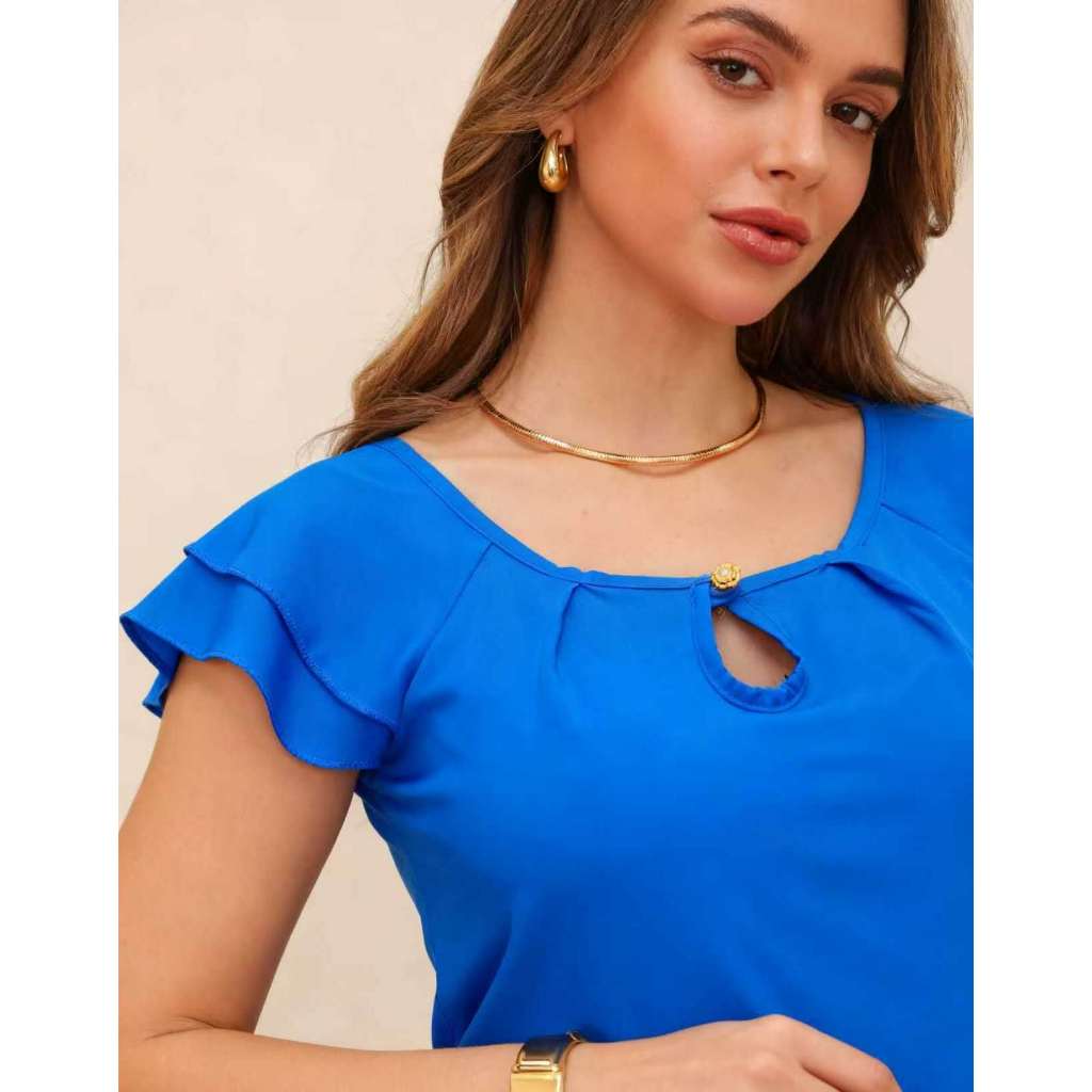 blusa 2 manga babado com botao moda feminina