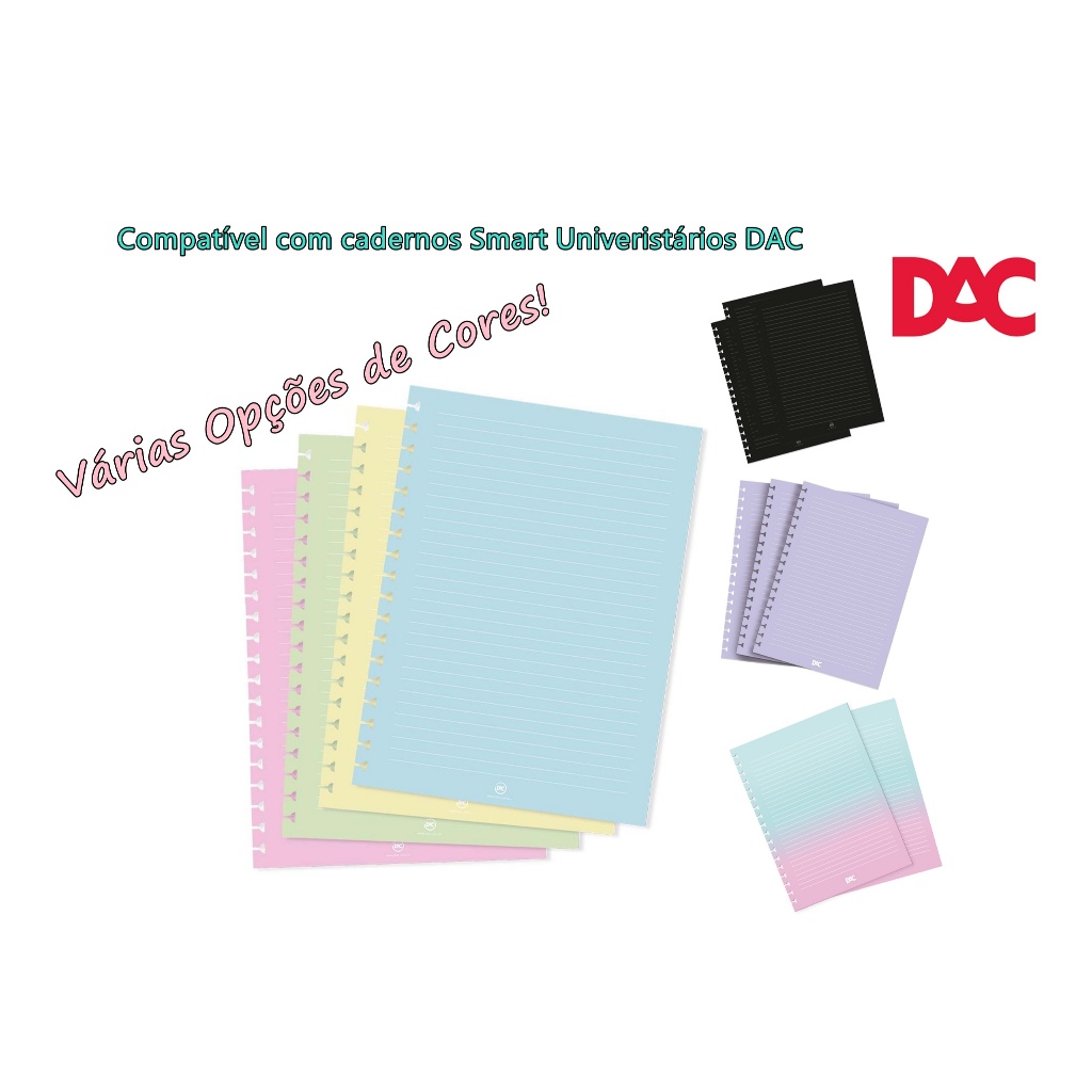 Refil com 48 Folhas Diversas Cores para Caderno Smart Universitário 200x275 Branco Azul Lilás Preto Degradê ou Rosa DAC Refil com 48 Folhas Diversas Cores para Caderno Smart Universitário 200x275 Branco Azul Lilás Preto Degradê ou Rosa DAC