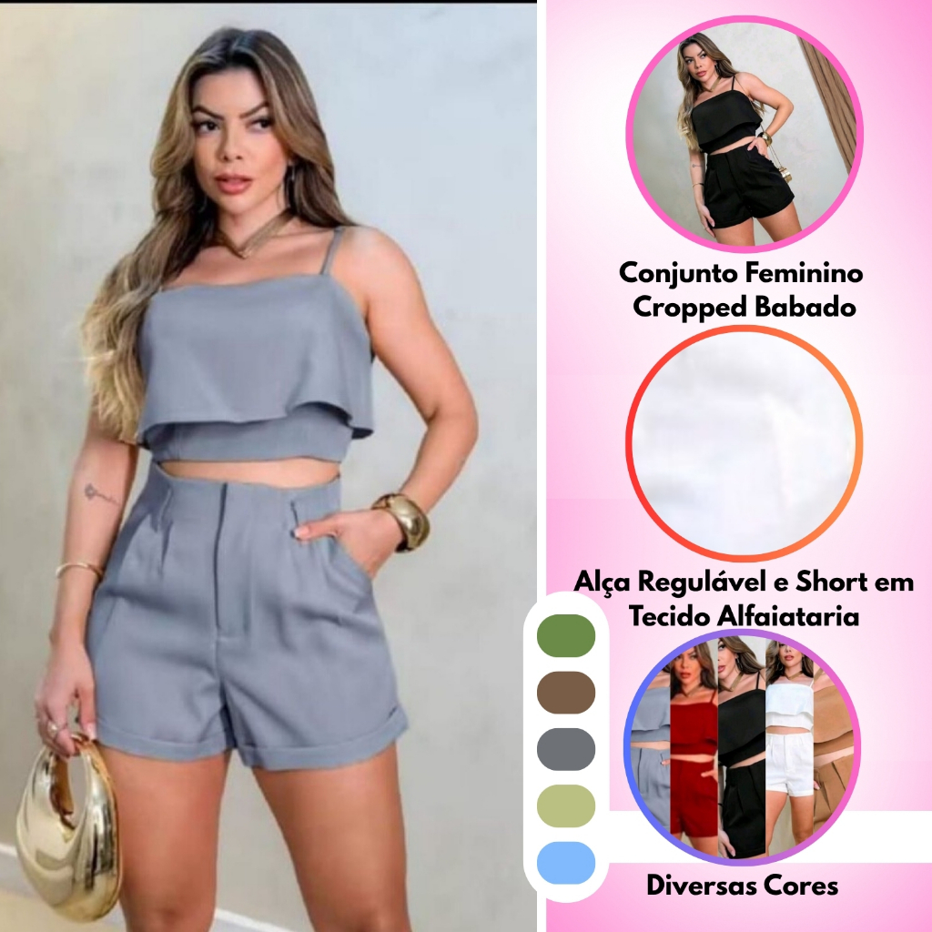 Conjunto Feminino Cropped Babado Alça Regulável e Short no Tecido Alfaiataria Diversas Cores em Oferta na Shopee