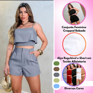 Conjunto Feminino Cropped Babado Alça Regulável e Short no Tecido Alfaiataria Diversas Cores