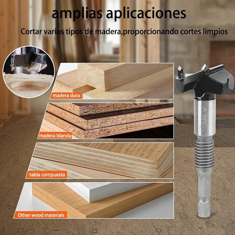 Kit de Broca com Guia Centrador e Chave para Madeira, Regulável com Limitador de Profundidade