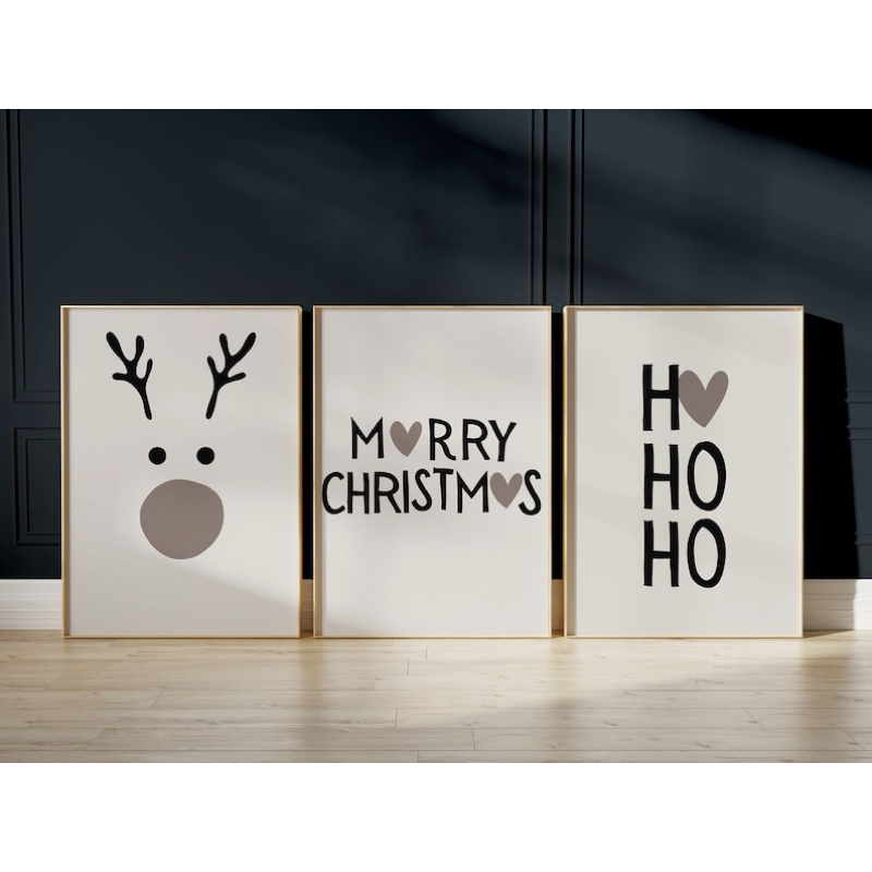 Kit 3 Quadros Decorativos Natalinos Minimalista Moderno Merry Christmas Rena e Ho Ho Ho Sala Quarto