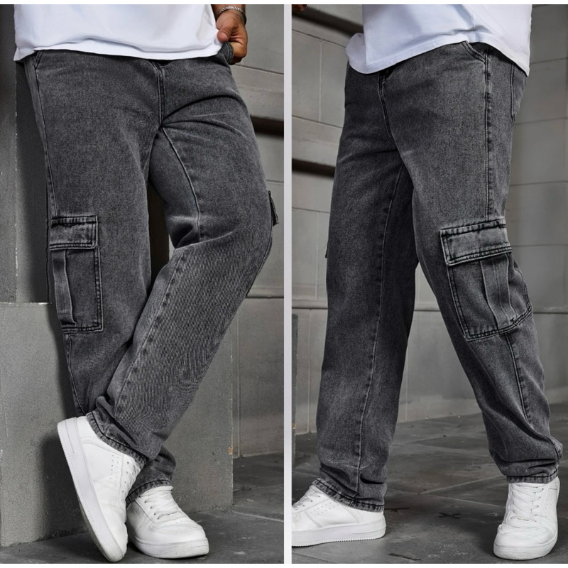 Calça Cargo Balão JEANS Masculino Bolso Lateral Streetwear Boca Larga Estilo Mescla Cinza Grafite