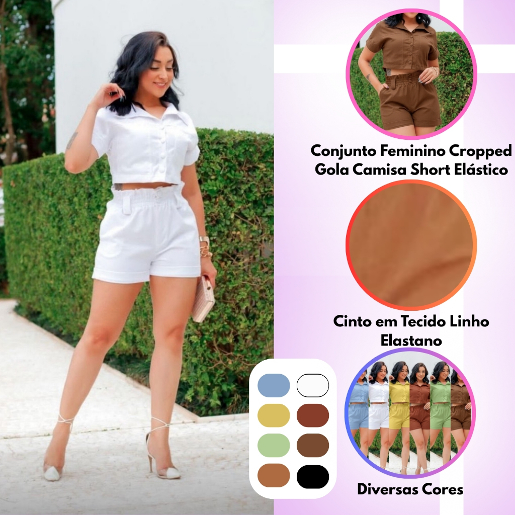 Conjunto Feminino Cropped Gola Camisa Short Elástico Cinto noTecido Linho Elastano Diversas Cores em Oferta na Shopee