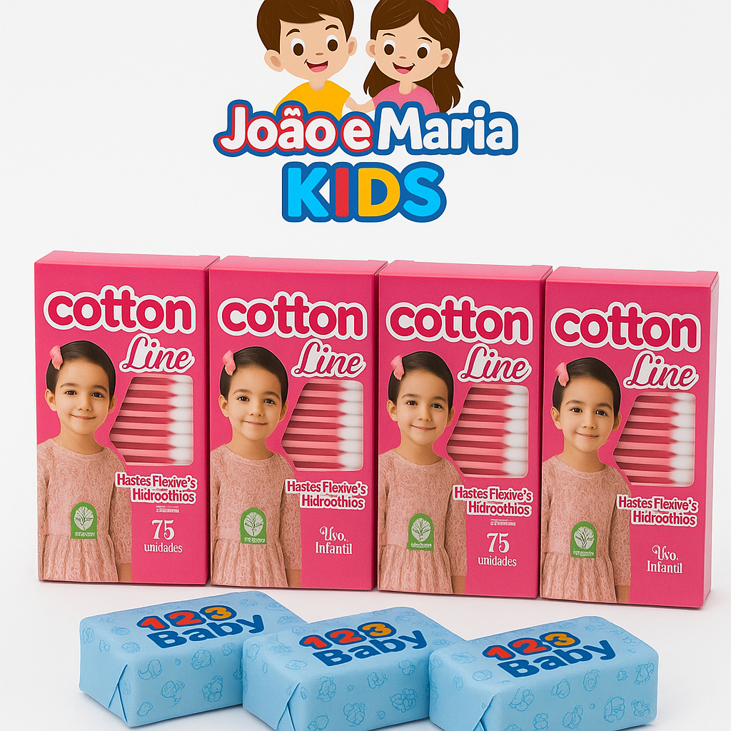 Kit Higiene Infantil – 4 Cotonetes Cotton Line + 3 Sabonetes 123 Baby Azul | Cuidados Diários do Bebê
