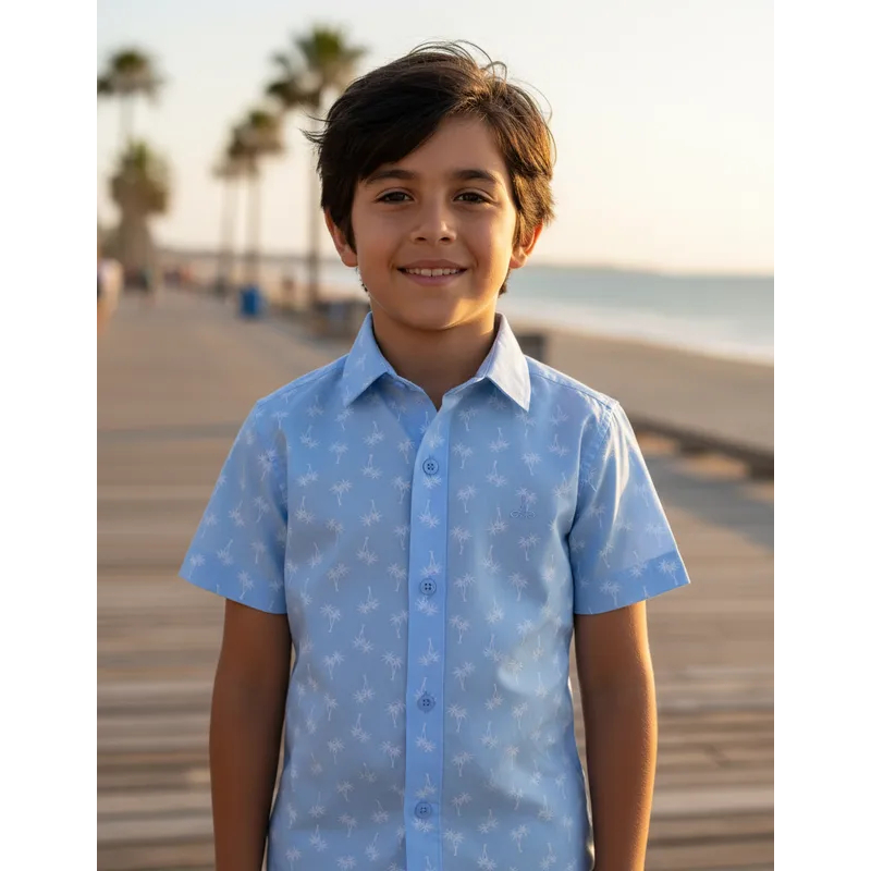 Camisa Social Com Estampas Barquinhos Pássaros Coqueiros Infantil Juvenil Manga Curta Masculina Alfa 1600