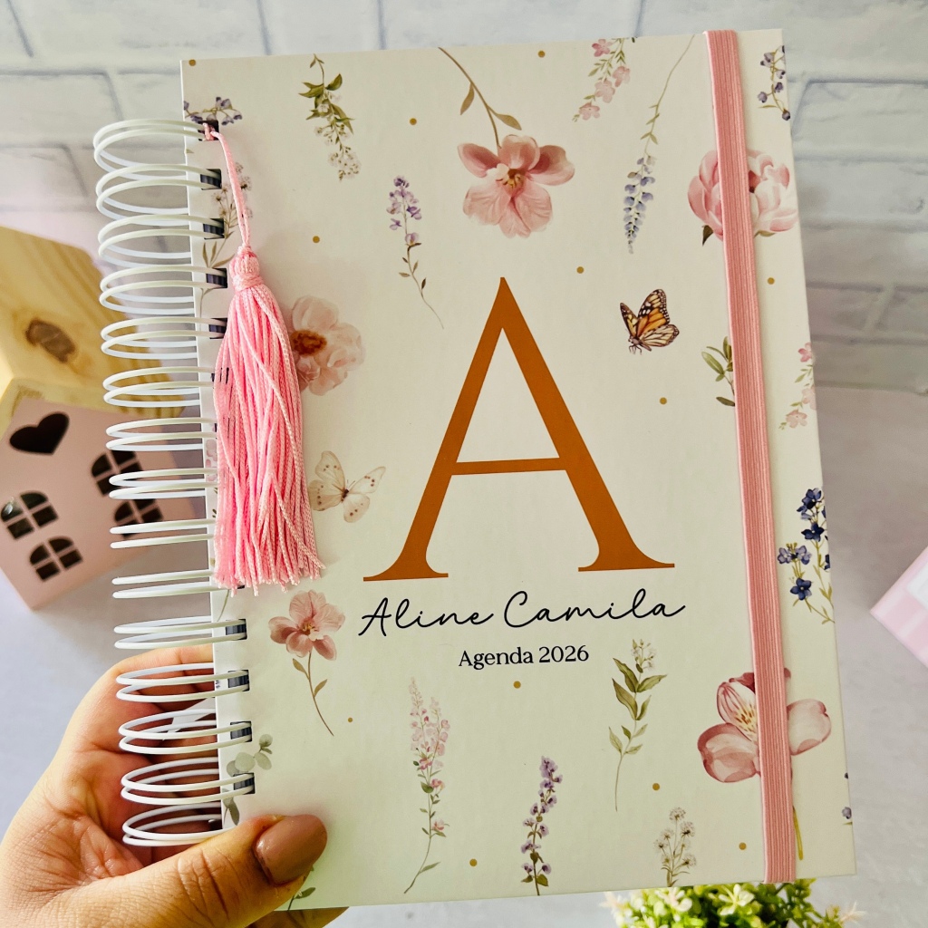 Agenda 2026 Personalizada com Nome | Capa Dura Floral Alfabeto | Organizador Diário