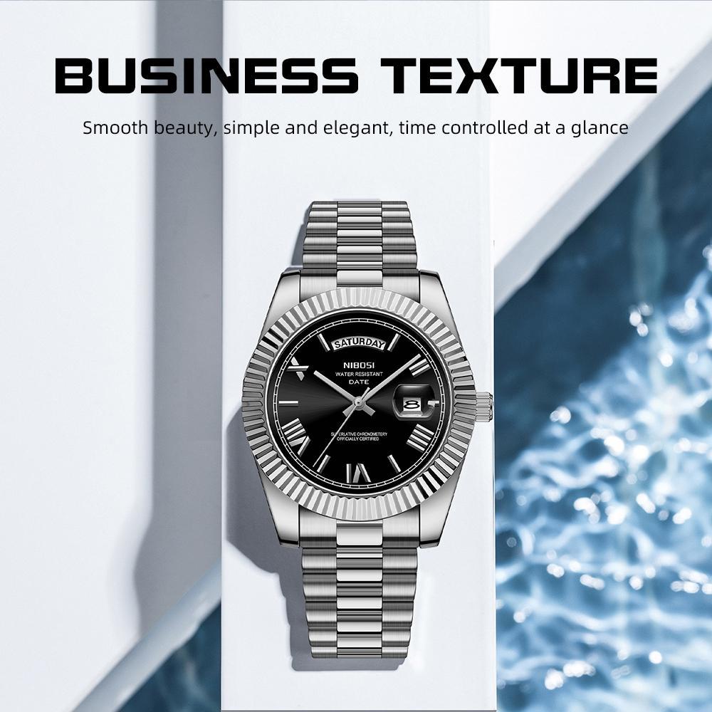 NIBOSI Relógio masculino Relógio à prova d'água original Relógio de quartzo com calendário em aço inoxidável 2628