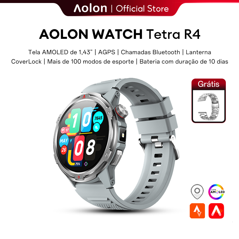 Aolon Tetra R4 GPS Smartwatch Amoled AOD Telefone Bluetooth 100+ esportes Relógio inteligente conexao Strava 20 dias
