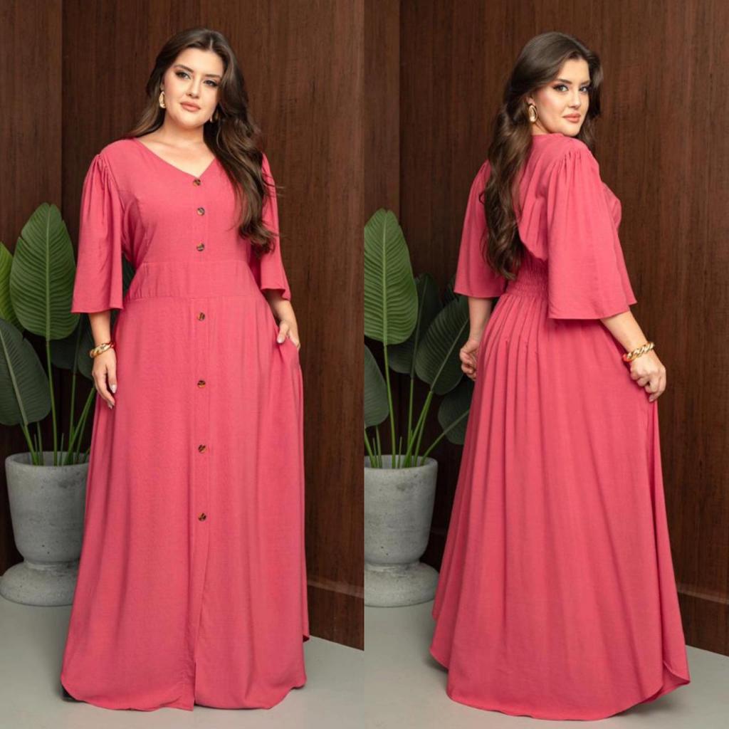 Vestido Longo Plus Size Viscolinho com Forro e Lastex nas Costas – Manga Bufante e Botões Frontais – Tamanhos G1 G2 G3 em Oferta na Shopee
