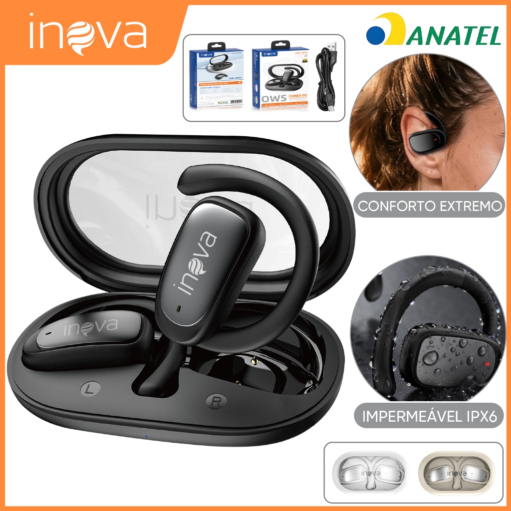 INOVA Fone de Ouvido Aberto 36H Bateria IPX5 à Prova d'Água Bluetooth 5.4 Ajustável para Android Apple Samsung