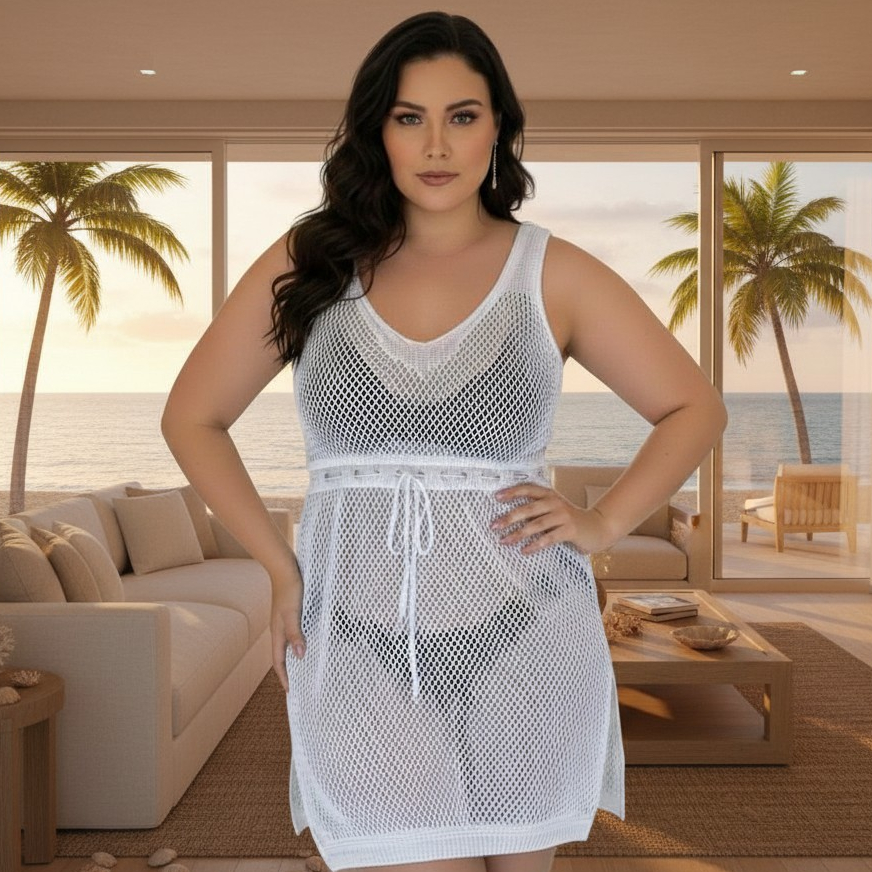 Saida de Praia Traje Piscina Tendencia Plus Size Tricot Vazada Moda Verão 2025