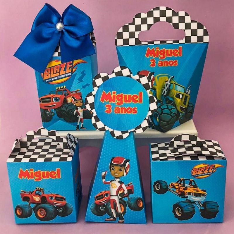 Kit Blaze Monster 50 Caixinhas Personalizados Festa Infantil Aniversário Lembrancinhas Pegue e Monte
