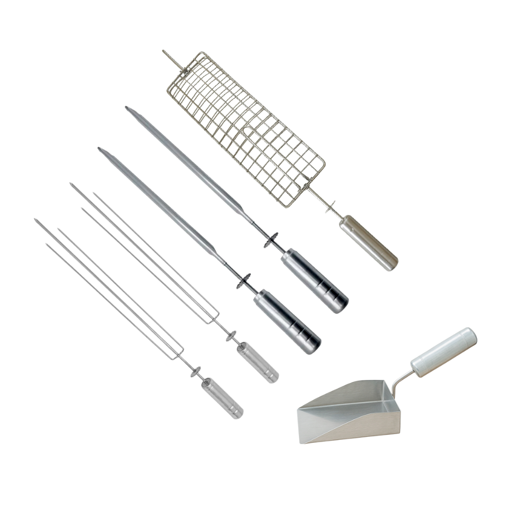 Kit Churrasco Espetos Grill Giratório Espada tridente espeto Grelha + Pá De Carvão inox