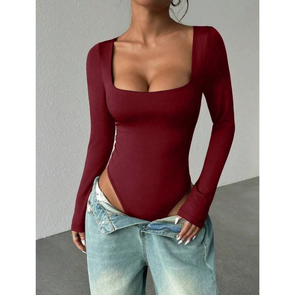 Body Collant Decote Quadrado, Costa Fechada, Forro Duplo, Manga Longa, Moda Gringa,Blogueira,bory