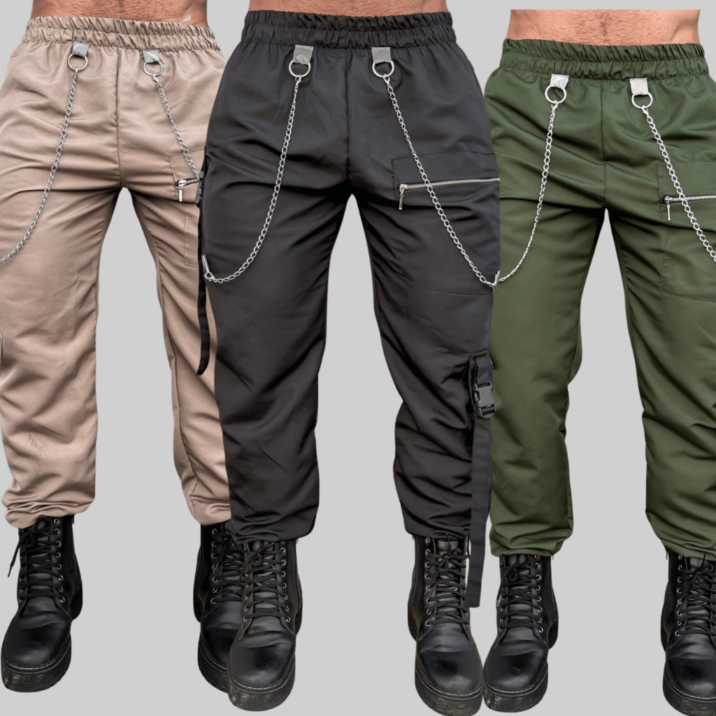 Calça Masculina Cargo Jogger Estilo Correntes Moda Gringa Streetwear P M G