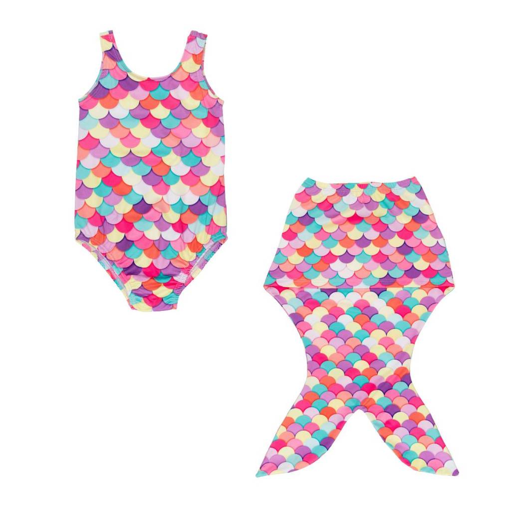 Maiô Menina Infantil + Saia Cauda de Sereia Fantasia Praia Piscina Verão Proteção Solar Uv