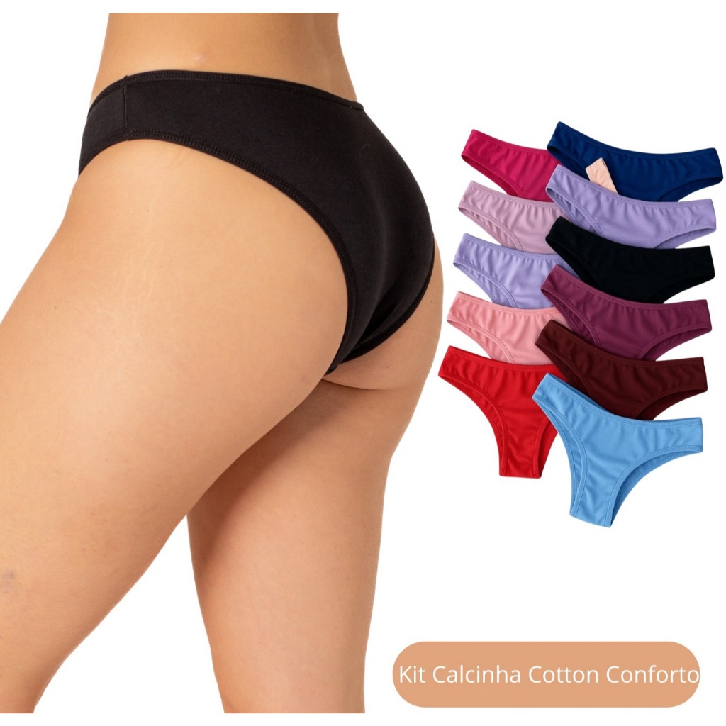 Kit Calcinha Algodão Feminina Tanga Conforto Cotton Básica Cós Largo Lingerie Atacado 3 6 12 Unidades P M G GG.