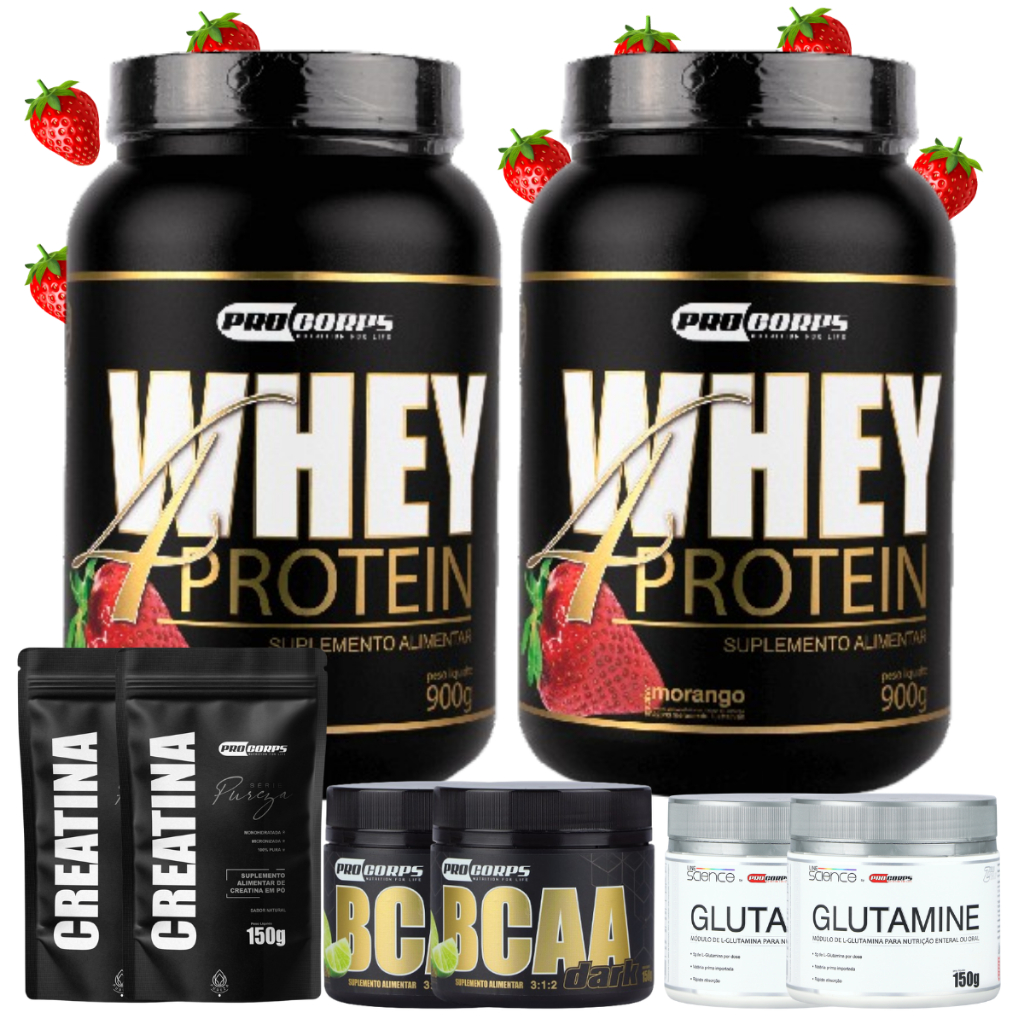 Kit Ganho de Massa 2 Whey 900g Pro Corps + 2 BCAA 150g + 2 Creatina Pura 150g + 2 Glutamina 150g