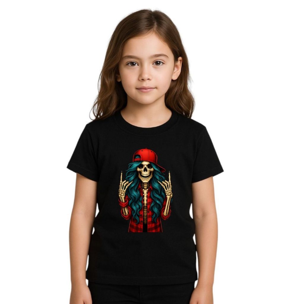 Camiseta Caveira Infanto Juvenil Rockeira Esqueleto Boné Moda Adolescente Estilosa Gótica