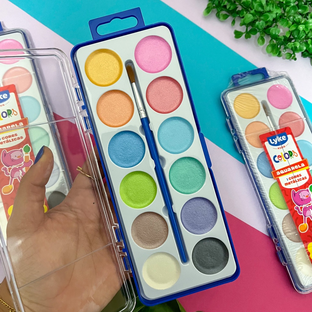 Tinta Aquarela 12 Cores Metalizadas com Pincel - Lyke