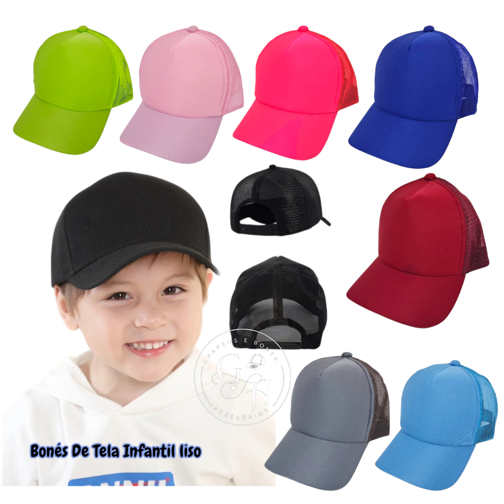 Kit 10 Boné Trucker Infantil Aba Curva Com Tela Unissex Ajustável