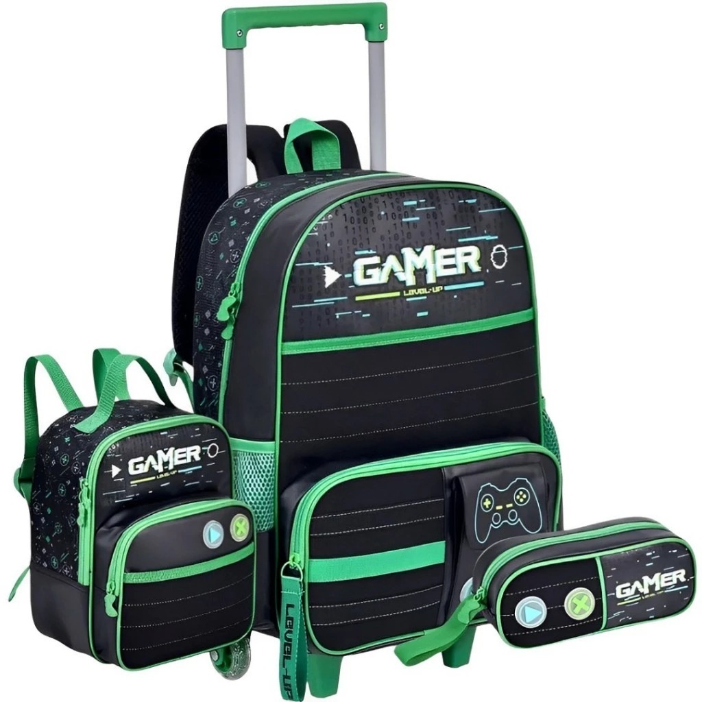 Kit Mochila de Rodinhas Vídeo Game Infantil Escolar Para Menino Lancheira Térmica Estojo Espaçoso
