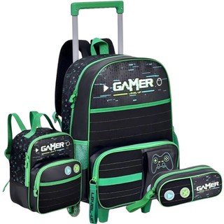 Kit Mochila de Rodinhas Vídeo Game Infantil Escolar Para Menino Lancheira Térmica Estojo Espaçoso
