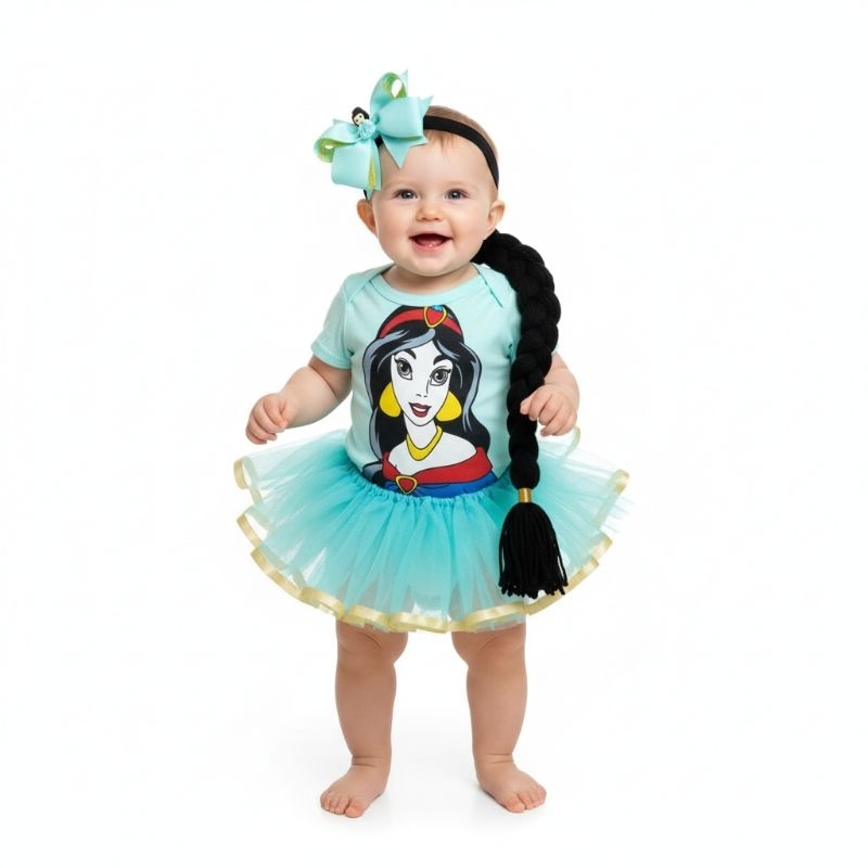 Body Temático Jasmine menina bebê com opção de tiara,saia e laço, mesversário bebê, fantasia,festa