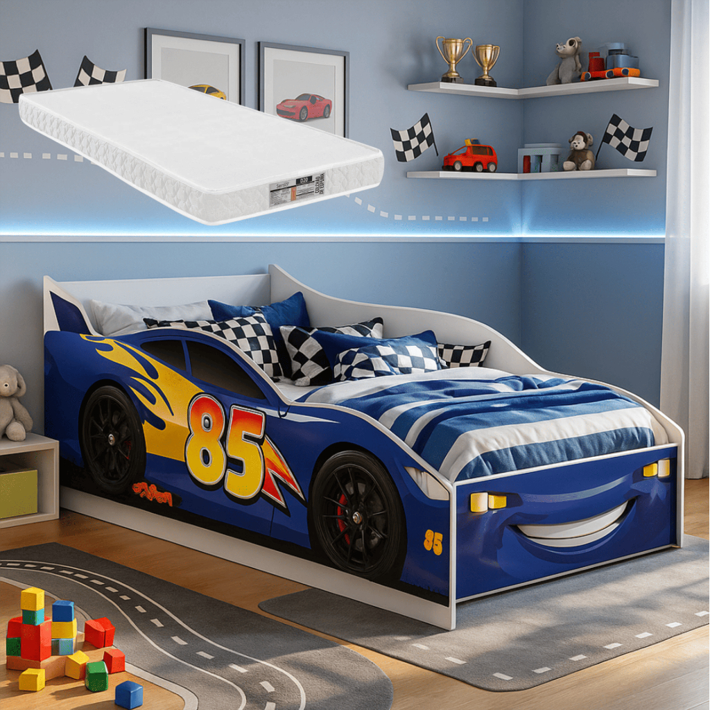 Cama Carro Infantil McQueen 85 Para Quarto Infantil com Colchão Incluso Feito em MDF e Fácil Montagem em Oferta na Shopee