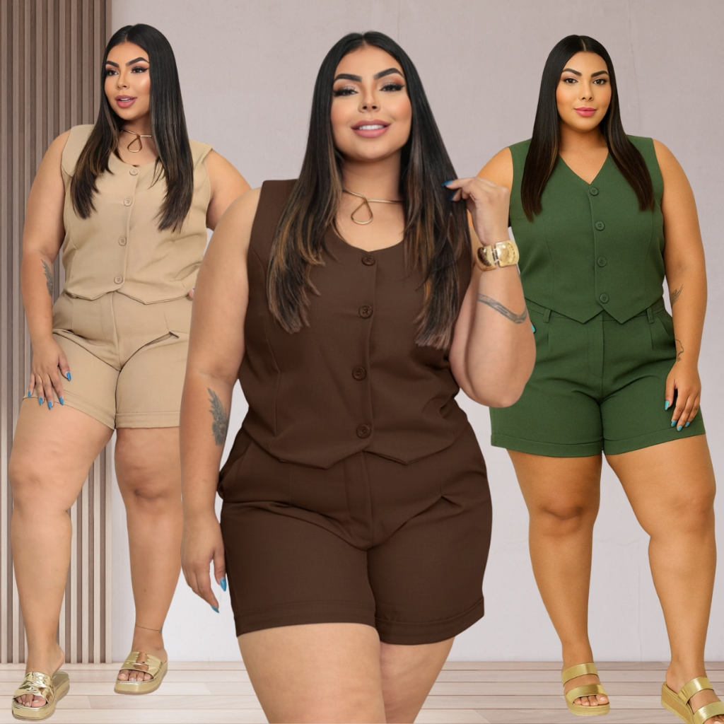 Conjunto Plus Size Alfaiataria Feminino Colete Shorts Bermuda Plus Size  Social Grande 48 50 52 GG G1 G2 em Oferta na Shopee