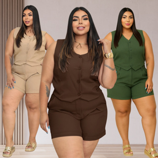 Conjunto Plus Size Alfaiataria Feminino Colete Shorts Bermuda Plus Size  Social Grande 48 50 52 GG G1 G2 em Oferta na Shopee