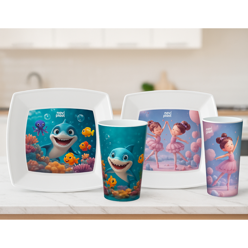 Kit Refeição Infantil Copo e Prato Plástico Alimentação Lanche Escola Merenda