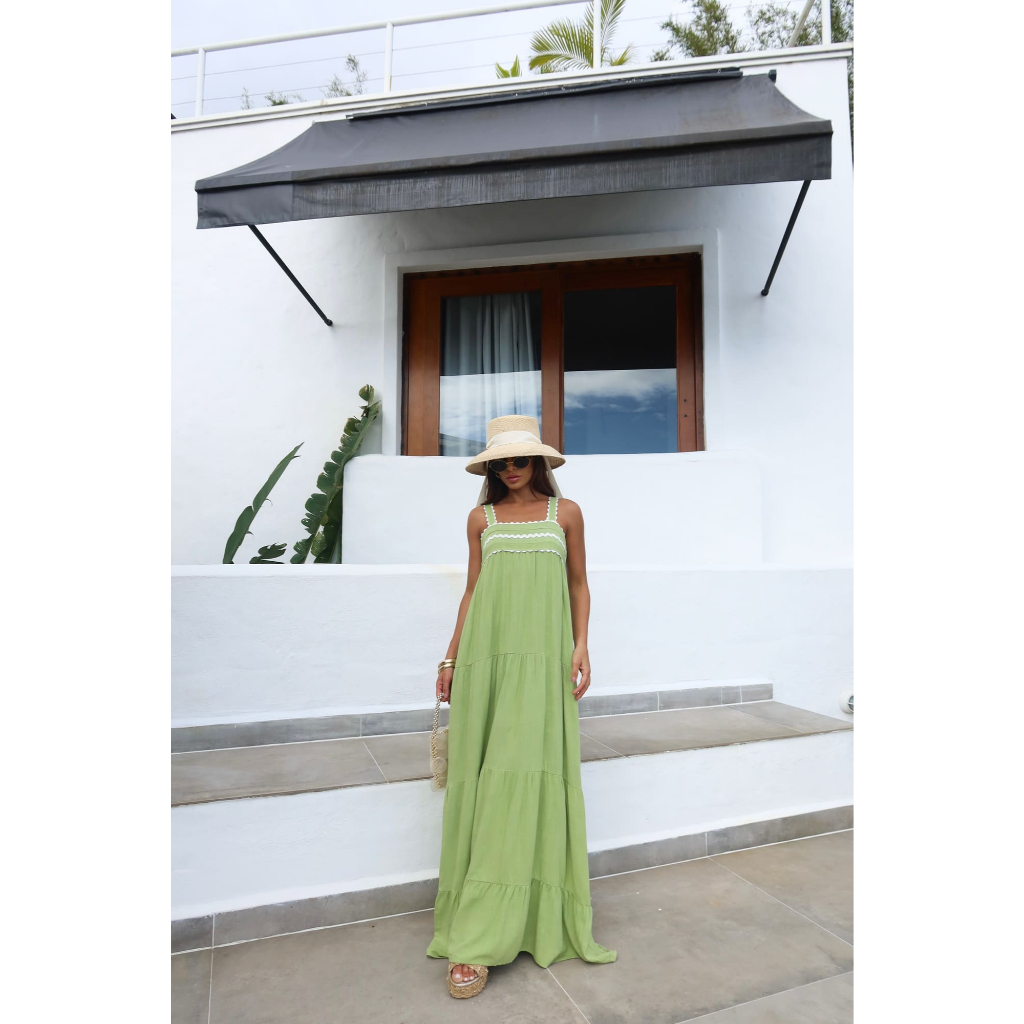 Vestido Sofia em Viscolinho Longo Verão de Alcinha Praia Noite Soltinho