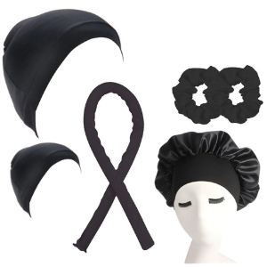 Kit Touca com Cetim com  Faixa + Modelador de cachos com 2 xuxinhas de cetim e 2 Toucas Nero em Oferta na Shopee