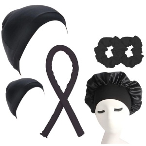 Kit Touca com Cetim com  Faixa + Modelador de cachos com 2 xuxinhas de cetim e 2 Toucas Nero em Oferta na Shopee