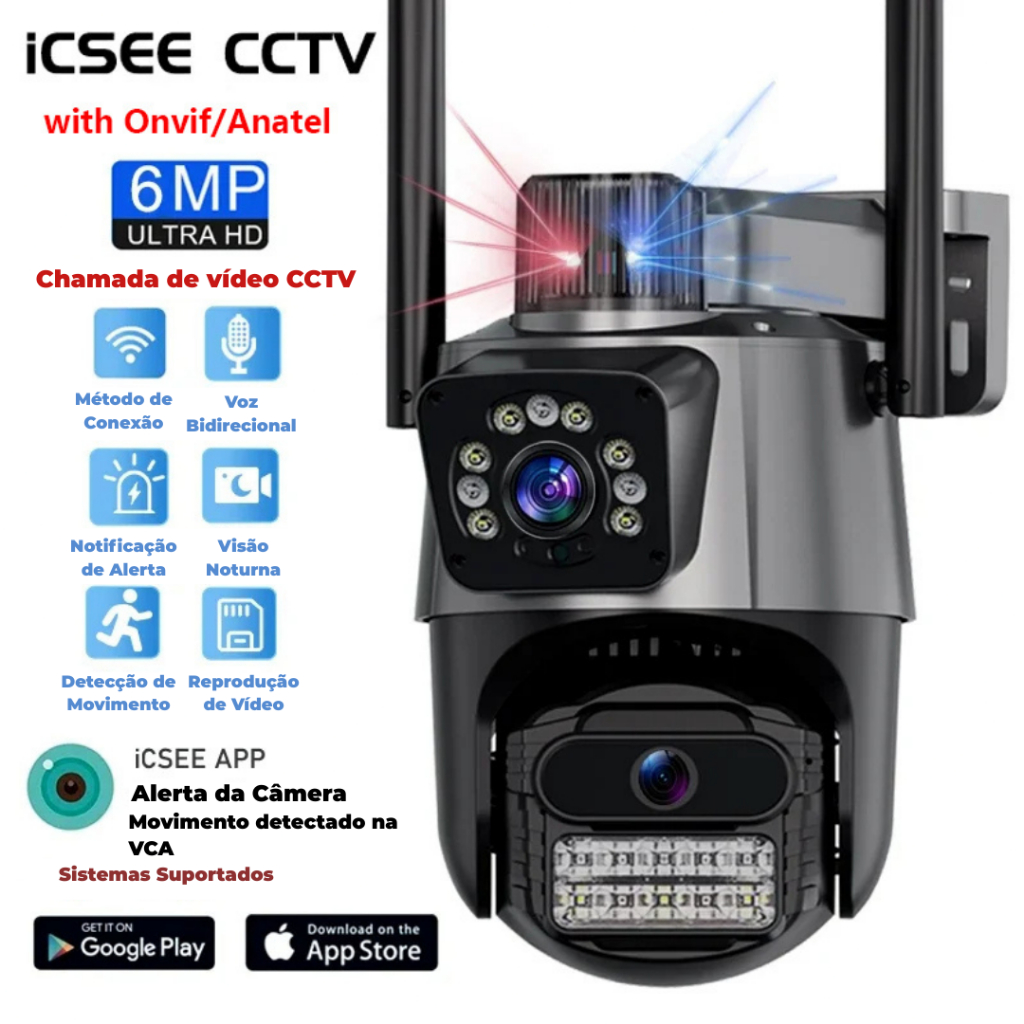 Câmera Ipsky Wi-fi 4k 6mp App Icsee Tela Dupla Visão Noturna Luz Polícial Detecção Humana Sirene