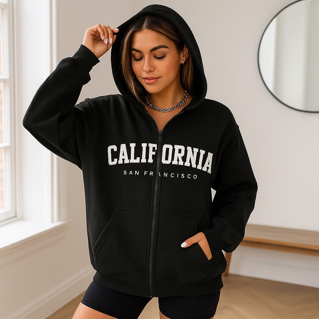 Moletom Unissex Estampado California com Ziper e Capuz Flanelado Quentinho Inverno Casual