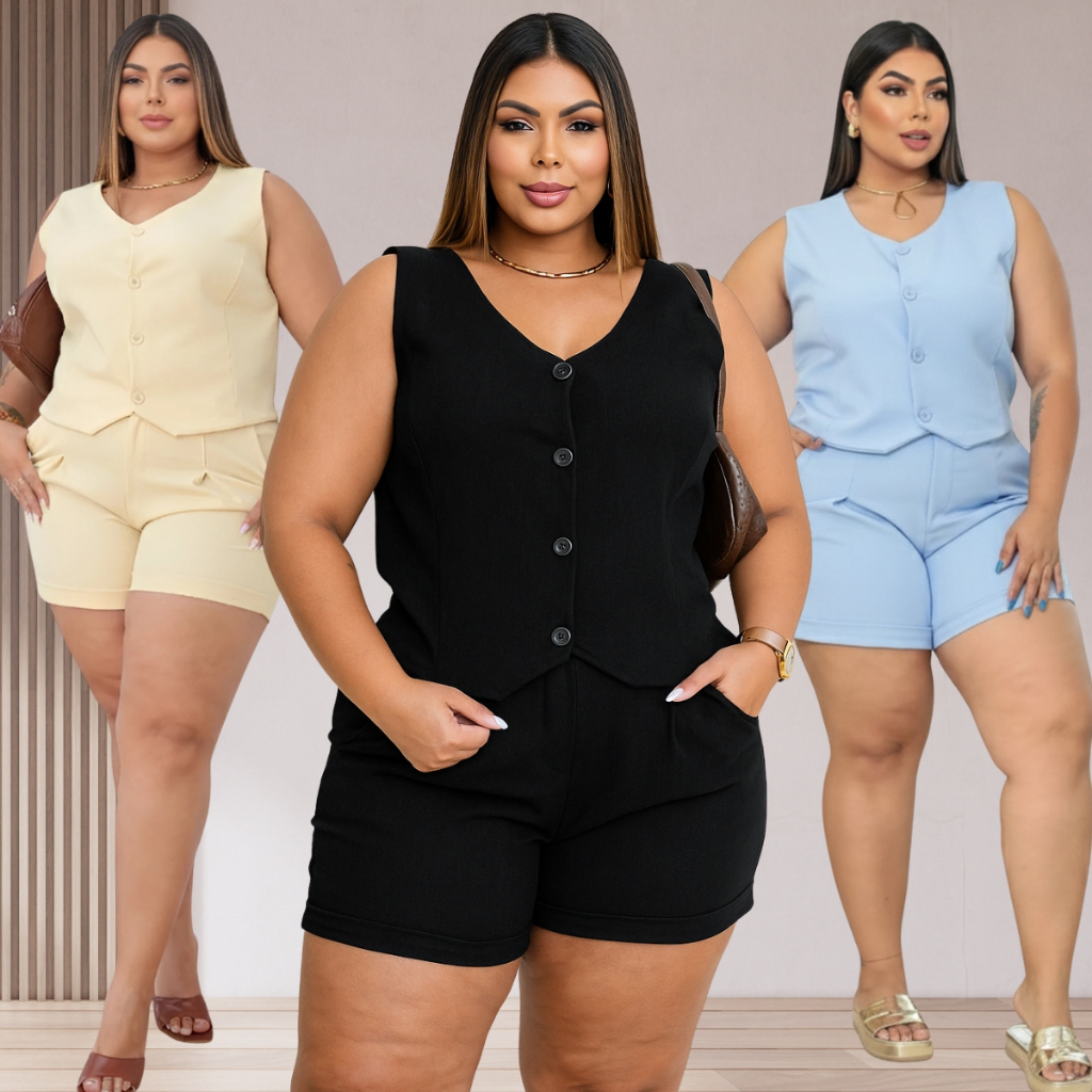 Conjunto Alfaiataria Plus Size Feminino Colete Shorts Blusa Bermuda Plus Size Social Grande GG G1 G2 48 50 52 em Oferta na Shopee