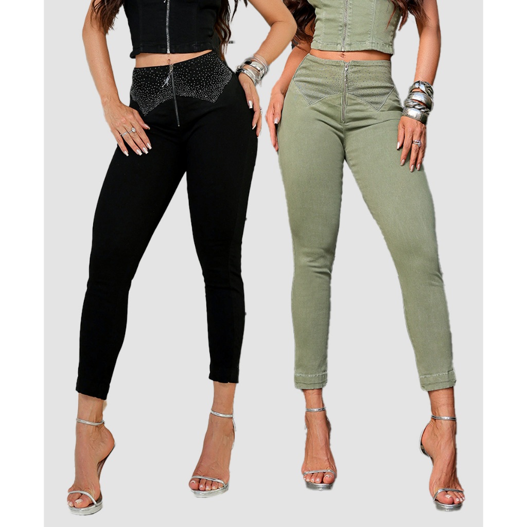 Calça Jeans Feminina Skinny Cintura Alta Modeladora Levanta Bumbum Com Brilho e zíper Rhero Lycra